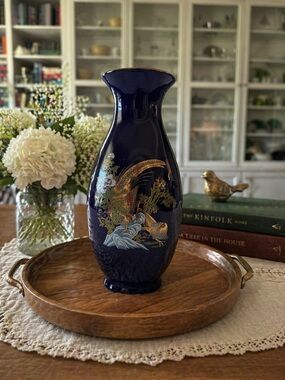 Vintage Japanese Cobalt Blue Vase Gold Peacock Motif Chinoiserie Decor